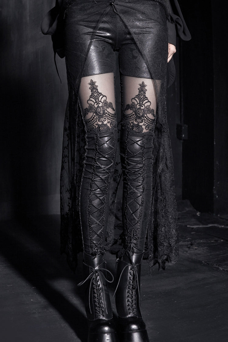 Black Flocking Bind Lace Skinny Women's Gothic Leggings