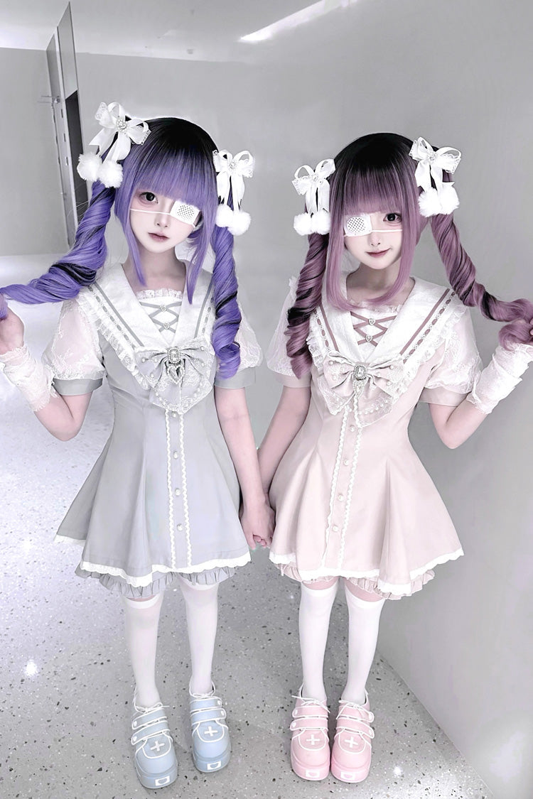 Sweet Short Sleeves Print Bowknot Jirai Kei Japanese Dress Set 3 Colors