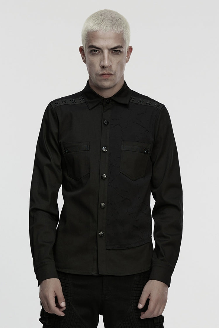 Black Lapel Collar Long Sleeves Ripped Men's Punk Blouse