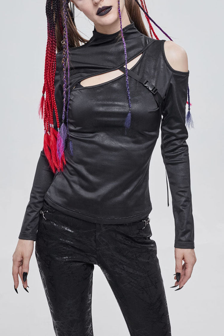 Schwarzes Punk-Stretch-Strickgewebe mit Ausschnitten auf der Brust, Schnallenriemen-Dekoration, langärmeliges Damenhemd
