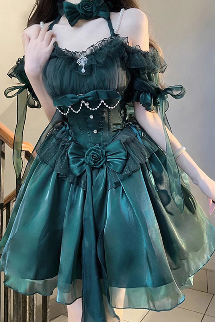 Green Midsummer Dream Short Sleeves Ruffle Hanayome Off-The-Shoulder Gothic Short Lolita Dress