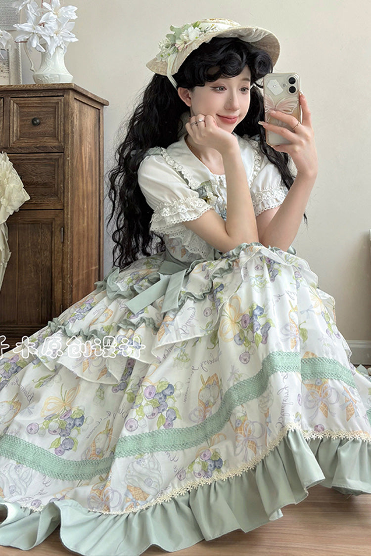 [Blueberry Early Summer] Sleeveless Triple-Layered Print Ruffle Bowknot Lace Sweet Lolita Jsk Dress 2 Colors