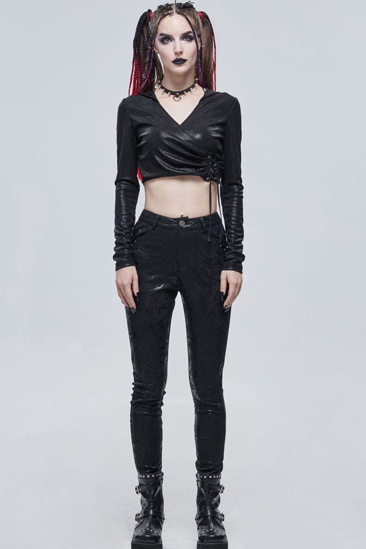 Black Punk Knitted Over Glue Metal Buckle Decoration Elasticity Leather Women's Leggings