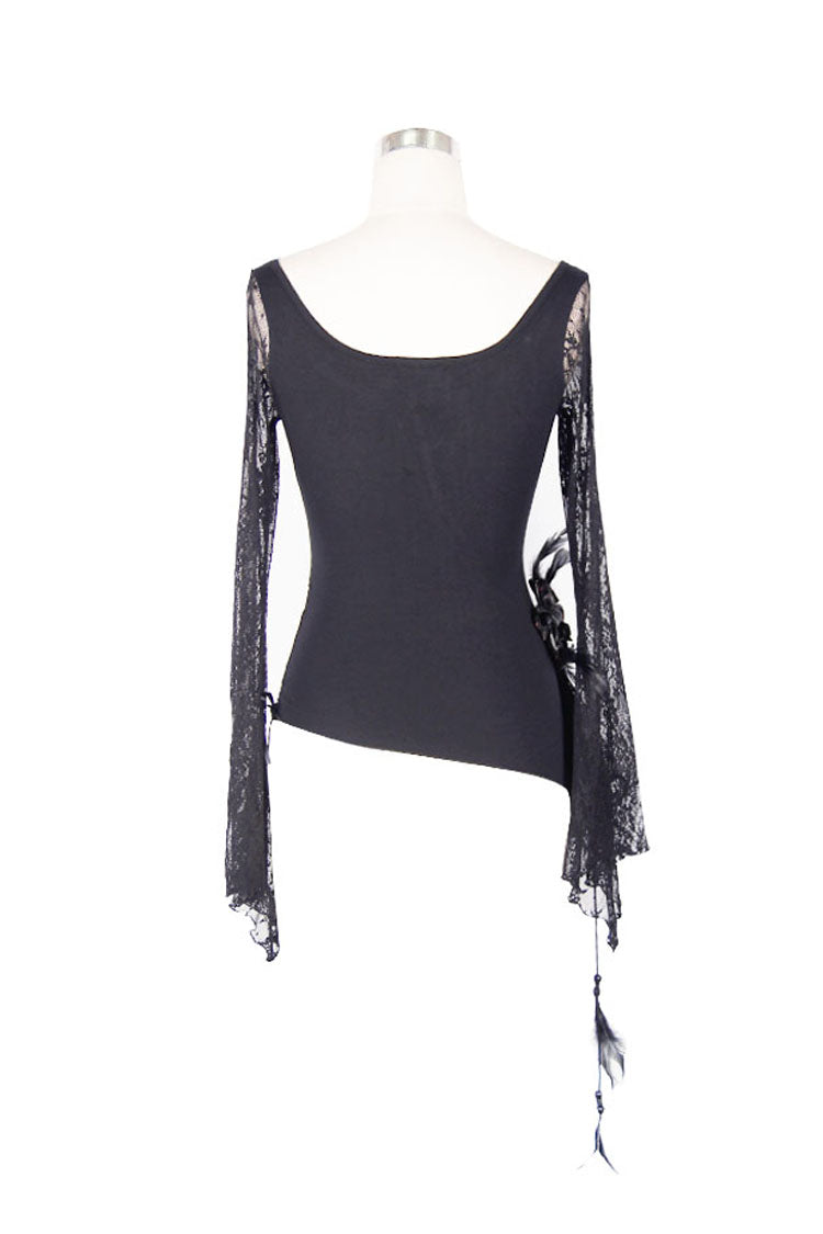 Black Front Chest Rose Decoration Flare Sleeve Irregular Lace Hem Knit Women's Gothic T-Shirt