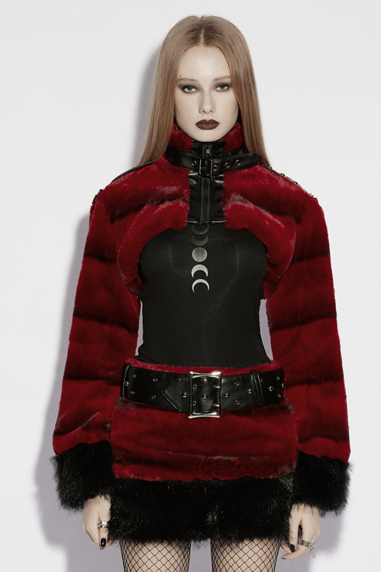 Red Stand Collar Long Sleeves Buckle Straps Faux Fur Women's Punk Short Cloak