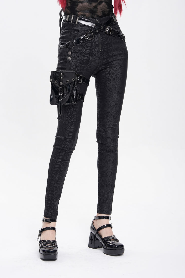 Black Print Buckle Straps Women's Punk Pants with Leg Bag