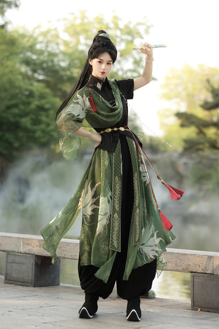 Black/Green Lapel Collar Short Sleeves Embroidered Sweet Chinese Inspired Wuxia Style Ouji Hanfu Pants Set
