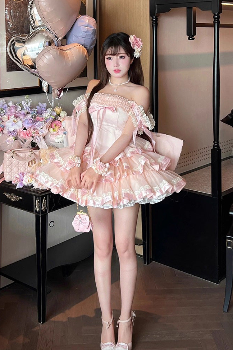 Pink [Princess Ribbon] Off Shoulder Triple-Layered Ruffle Bowknot Sweet Lolita Dress
