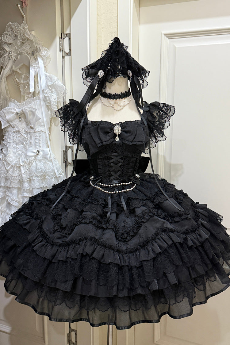 Black [Eternal Vow] Sleeveless Multi-Layered Ruffle Hanayome Bowknot Lace Lace-Up Gothic Lolita Jsk Dress