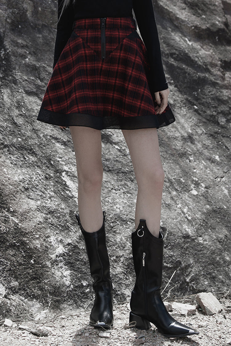 Red Chiffon Plaid Large-Hole Mesh Stitching V-Word Segmentation Design Sun-Hem Women's Punk Skirt