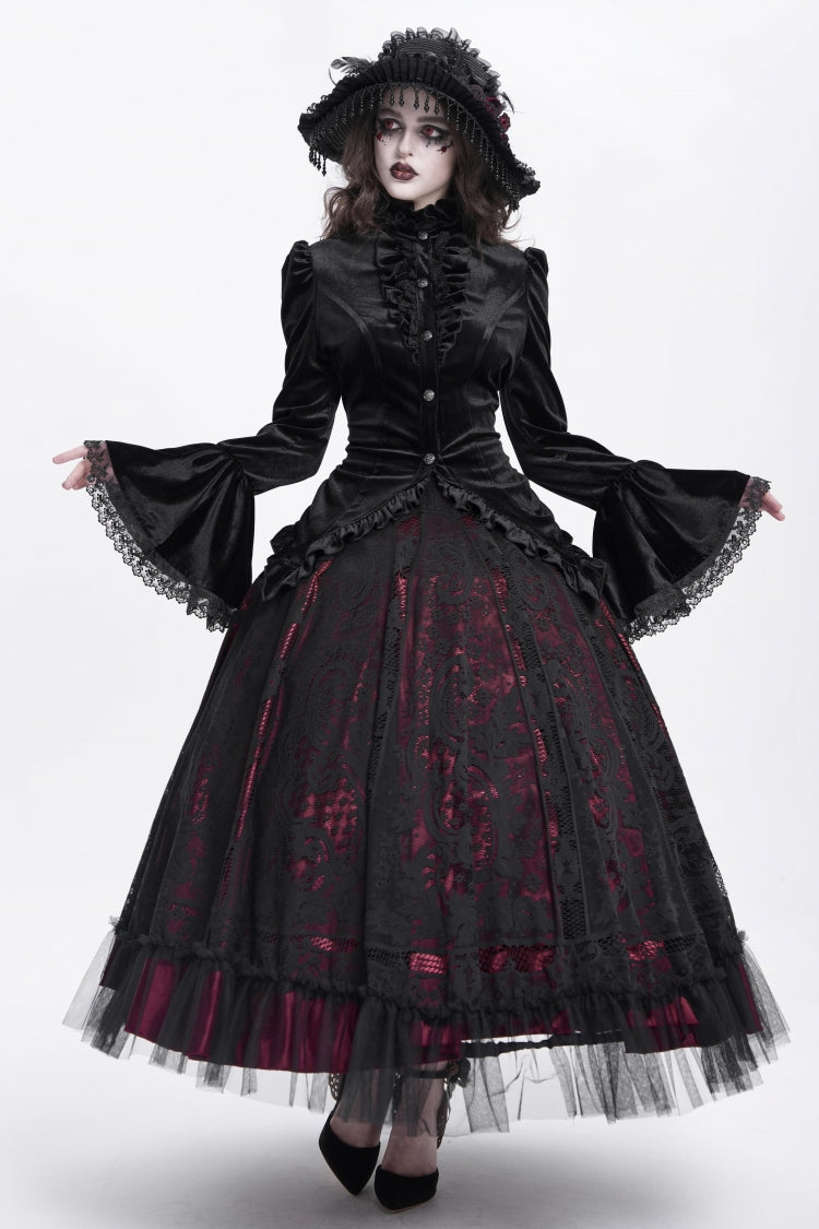 Black Stand Collar Long Trumpet Sleeves Ruffle Swallow-tailed Women's Gothic Blouse