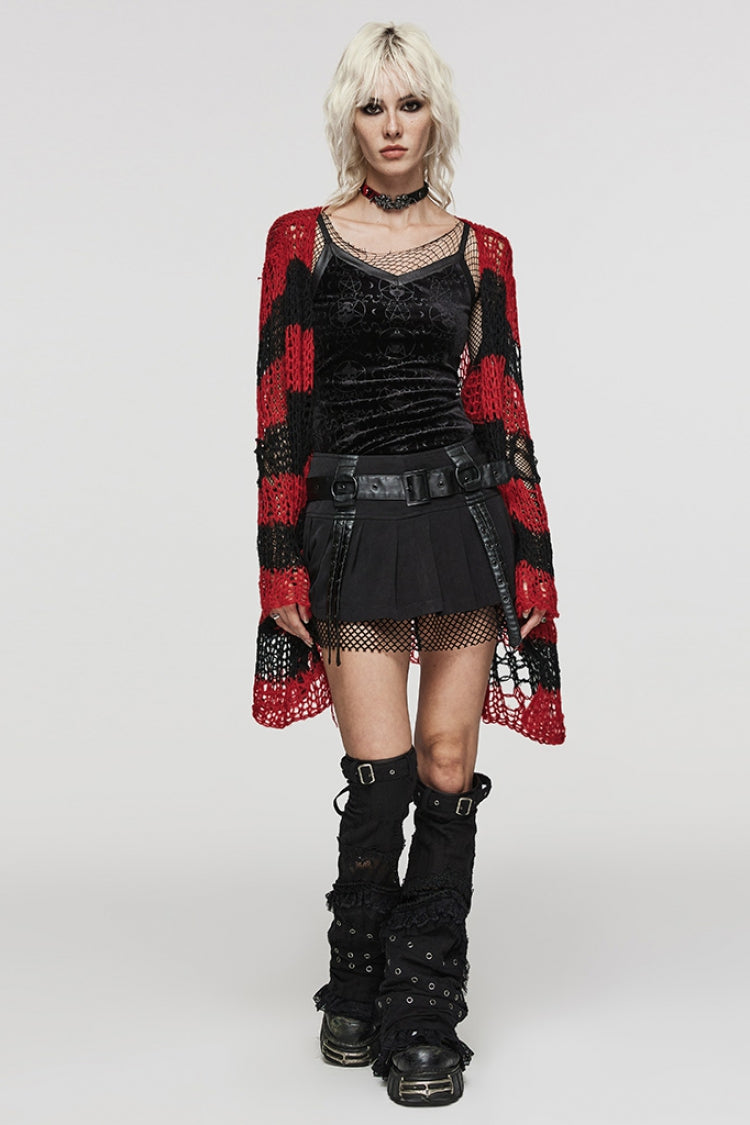 Lange Ärmel, Streifenmuster, Reißverschluss, unregelmäßig zerrissen, Steampunk-Pullover für Damen, 4 Farben