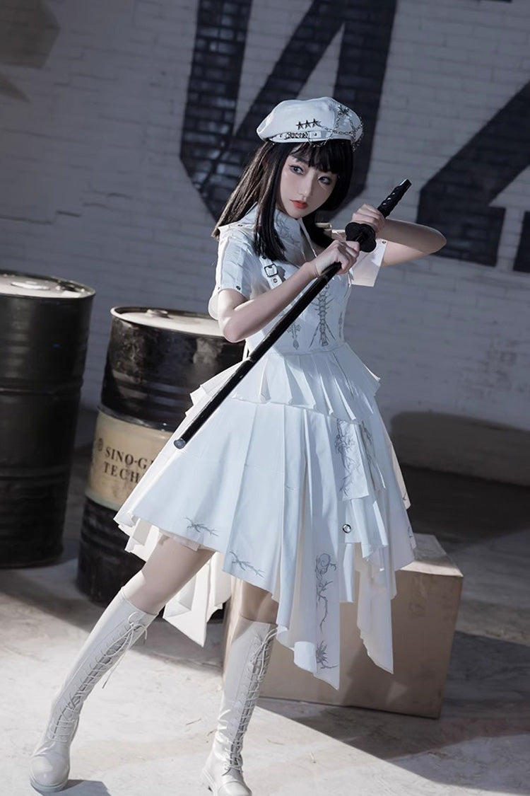 Weißes, kurzärmliges Lolita-Kleid mit Print im Gothic-Stil von Travelling Thorns