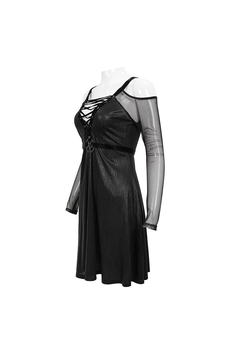 ブラックストレッチニットパッチワークファインメッシュ V ネッククロスネクタイメタル五角形バックルストラップ女性のパンクドレス