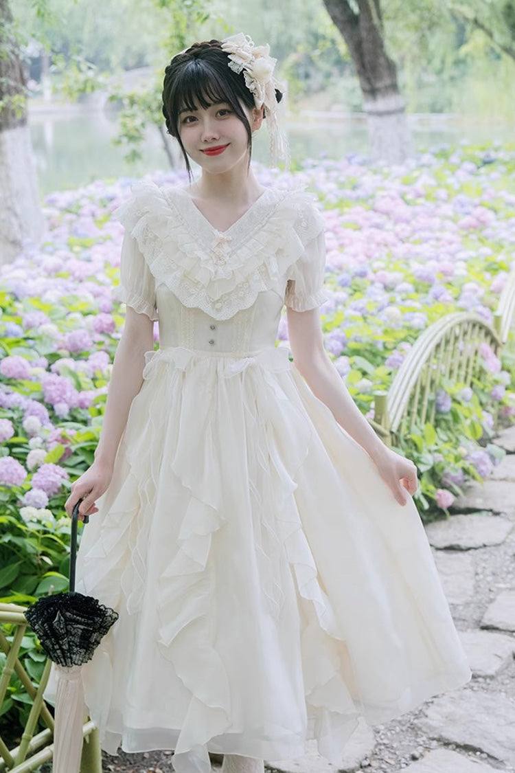 White V-Neck Lace Cla Daily Short Puff Sleeves Sweet Lolita Dress