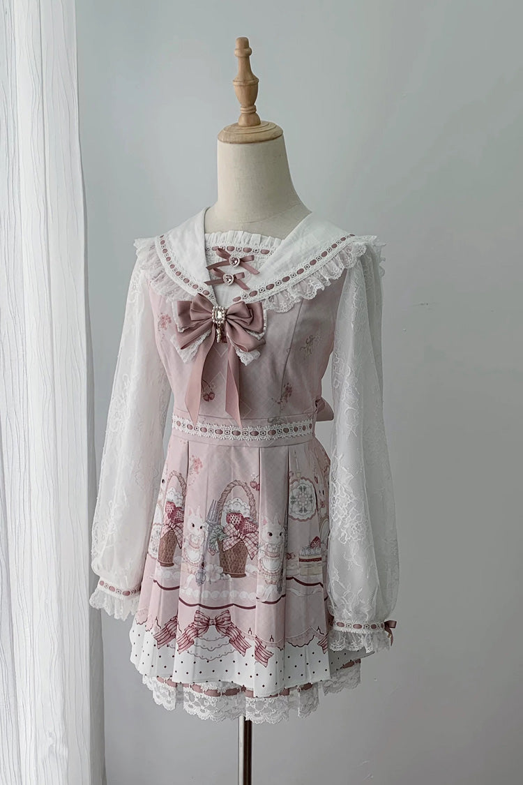 White/Pink [Strawberry Bunny] Navy Collar Long Sleeves Double-Layered Printed Ruffled Bow Lace Sweet Japanese Jirai Kei Dress