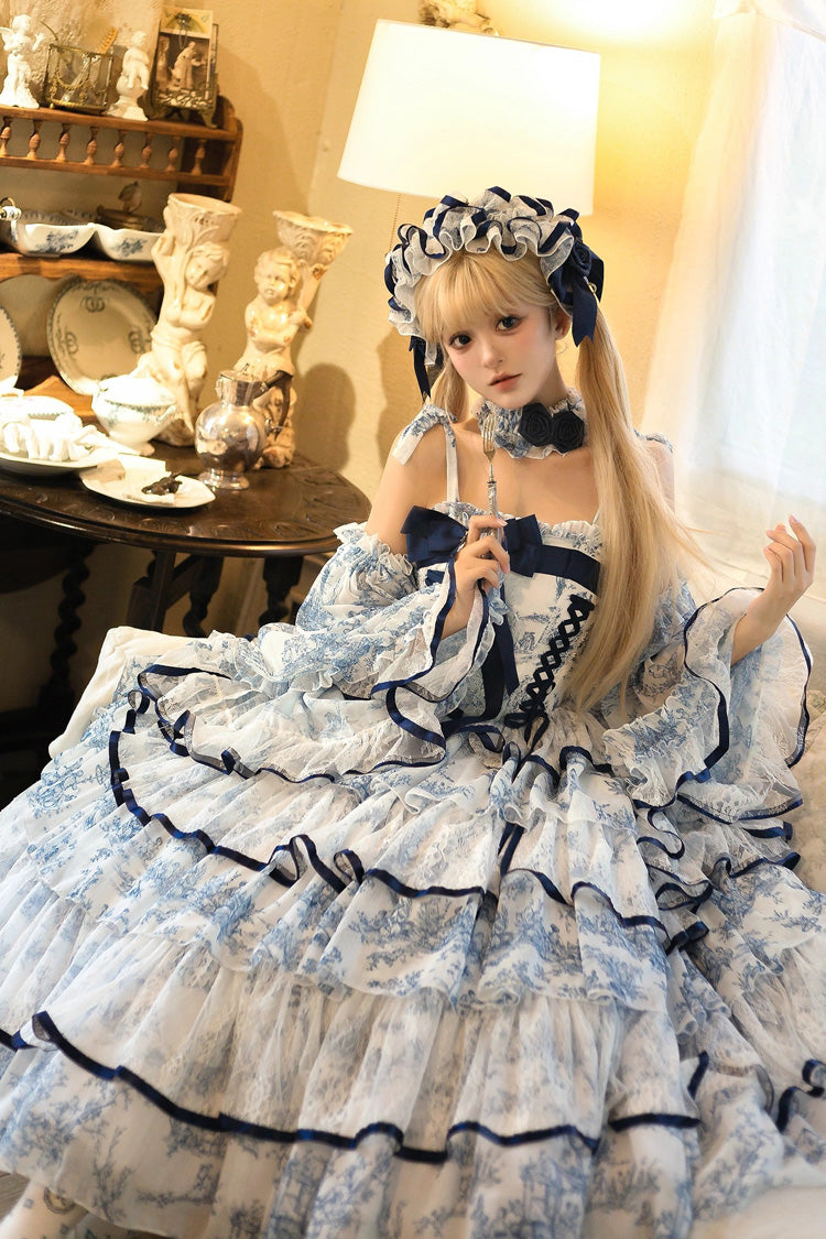 Blue/White Sleeveless Multi-Layered Print Bowknot Fishbone Sweet Classic Chinese Style Lolita Jsk Long Dress
