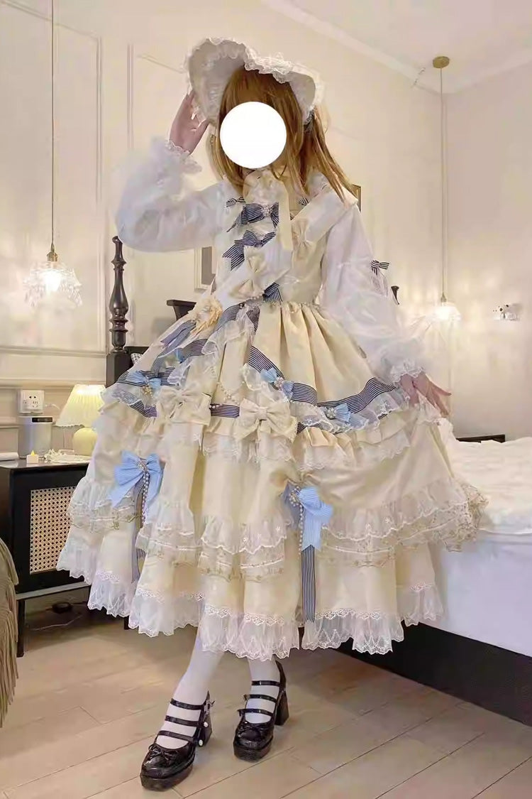 Gold Long Sleeves Multi-Layered Ruffle Bowknot Lace Sweet Princess Lolita Dress
