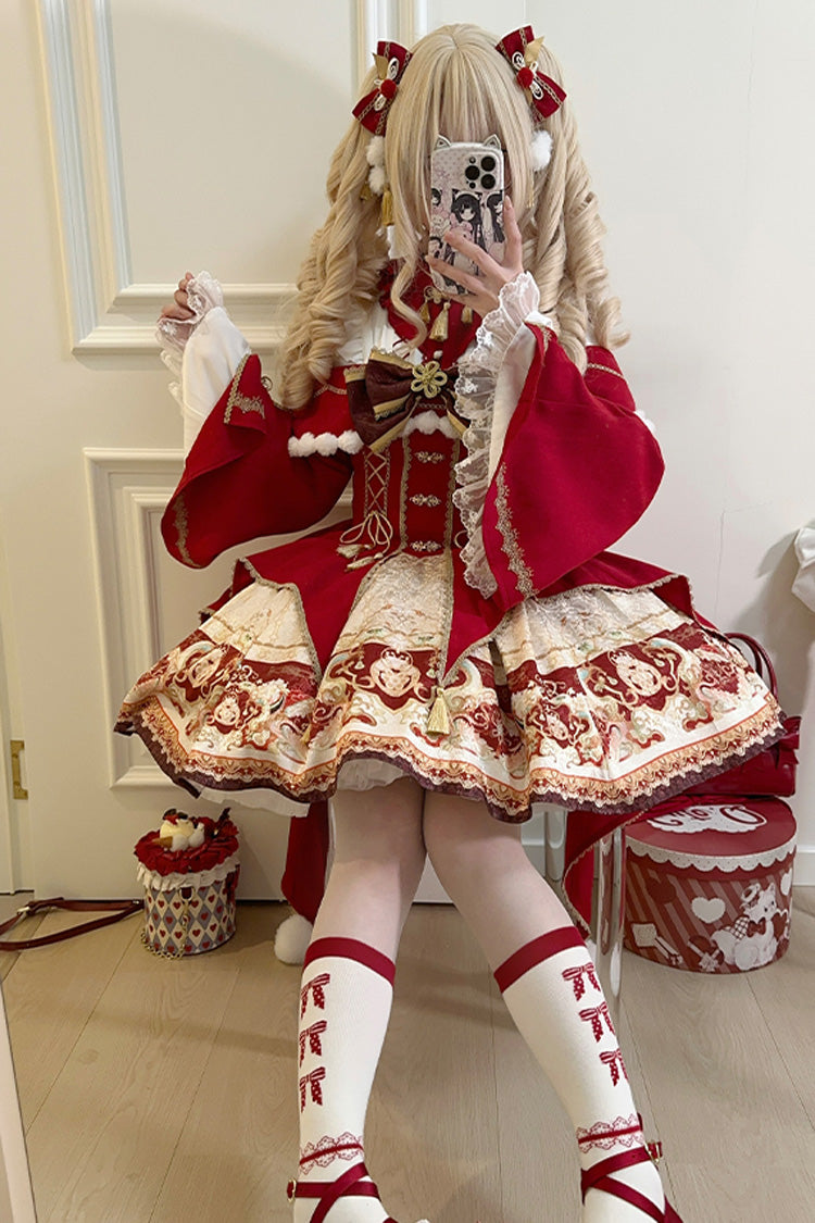 Red [New Year] Print Ruffle Bowknot Lace-Up Sweet Chinese Style Lolita Jsk Dress