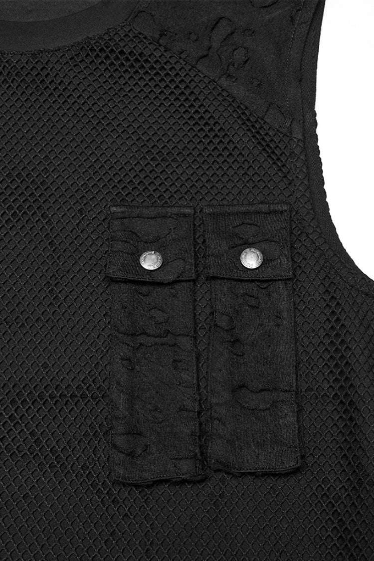 Black Round Collar Sleeveless Stitching Mesh Ripped Men's Punk Vest