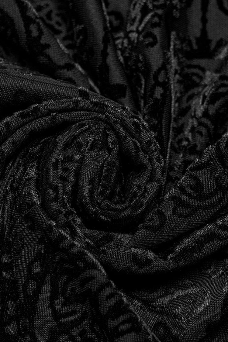 Schwarze Bluse mit Stehkragen, langen Ärmeln, Stickerei und Flockdruck im gotischen Stil für Herren 