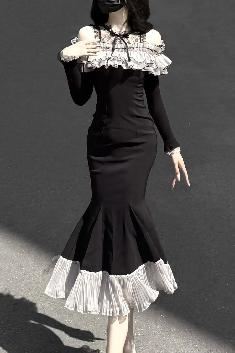Black [Night Cherry Blossoms] Long Sleeves Ruffle Bowknot Daily Sweet Elegant Lolita Fishtail Dress