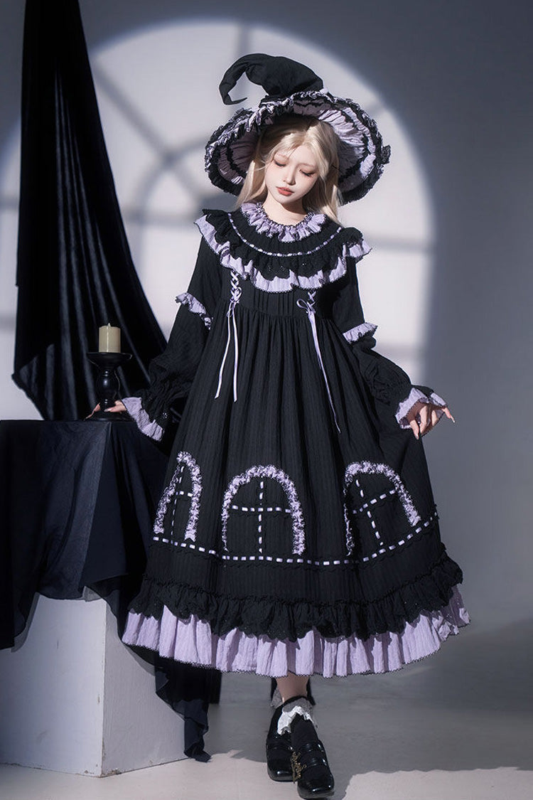 黒【ツインリリアン】丸襟長袖二段フリルリボンレースアップゴスロリドレス