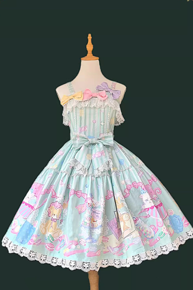 Robe Jsk Sweet Lolita sans manches imprimée avec nœud papillon [Macaron Dolly House] Verte 