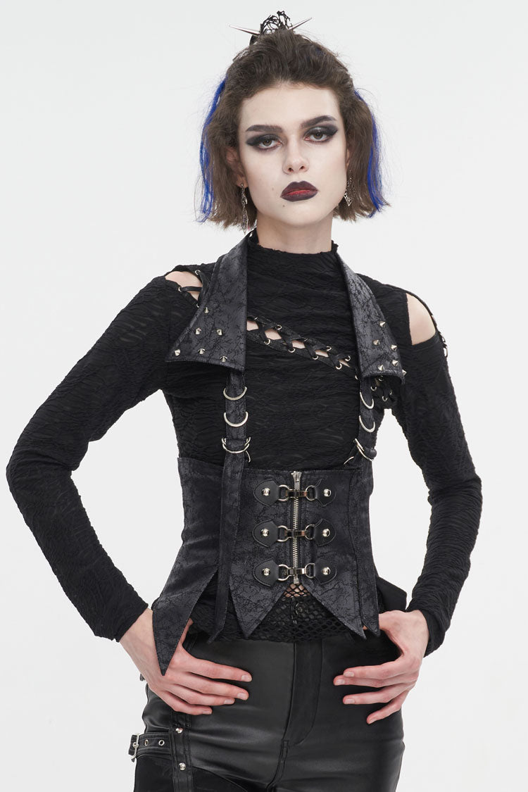 Black Irregular Lace Up Women's Gothic Vest With Detachable Collar