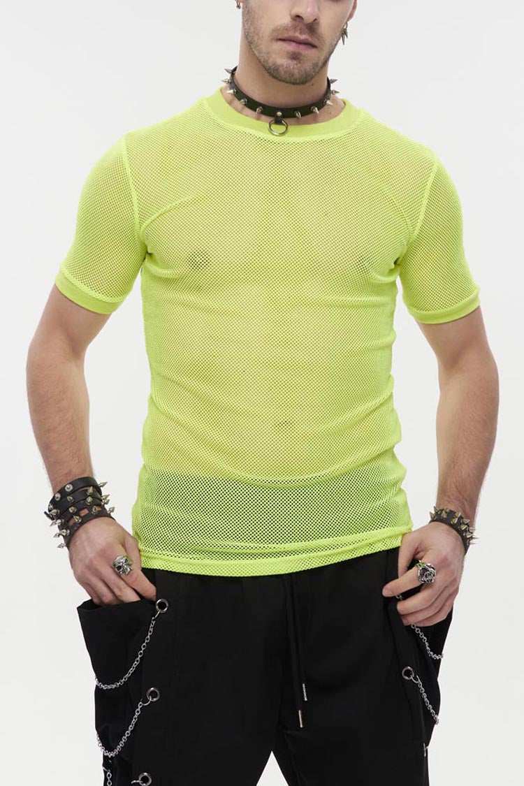 Yellow Gothic Crew Neck Diamond-Shaped Net Hyperelastic Short Sleeve Men's T-Shirt