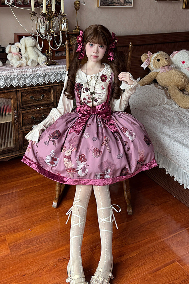 Red Sleeveless Rabbit Sunflower Print Ruffle Embroidery Bowknot Sweet Lolita Jsk Dress Short Version