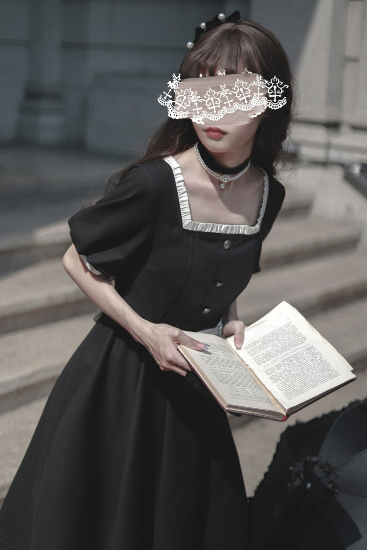 Black [Random Thoughts] Square Collar Short Sleeves Ruffle Classic Vintage Elegant Lolita Dress