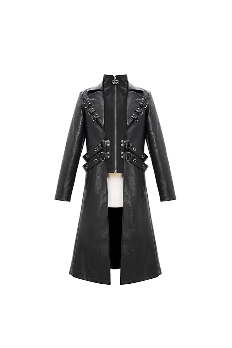 Black Stand Up Collar Waist Leather Hasp Leather Long Men's Punk Coat