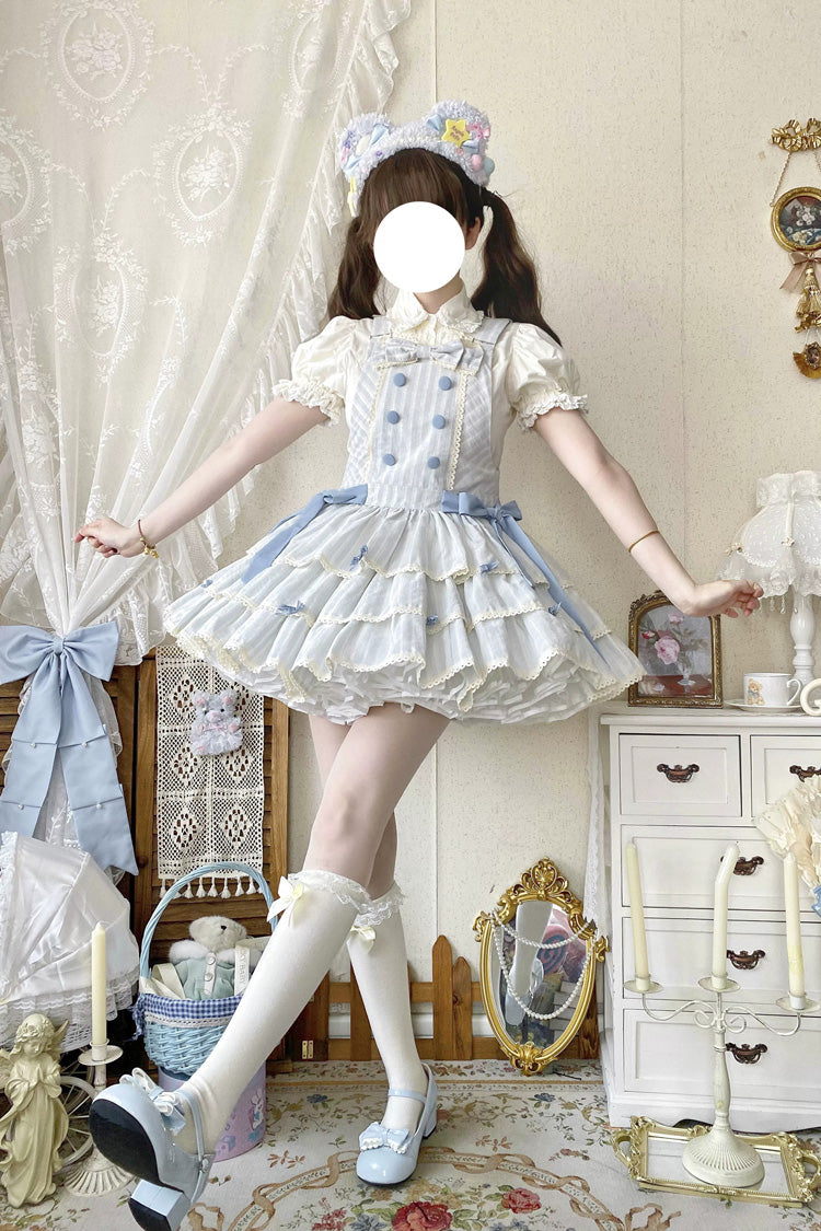 Hellblaues, ärmelloses, dreilagiges, bedrucktes, gerüschtes, süßes Lolita-Trägerkleid aus Baumwolle