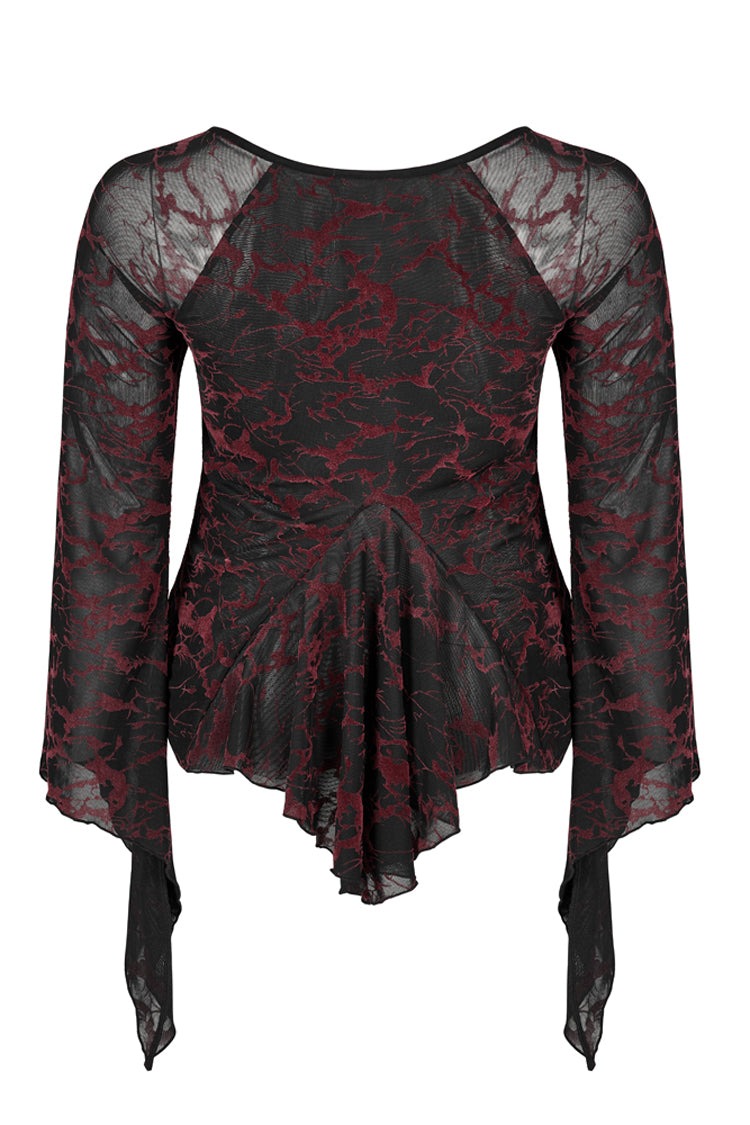 Rotes V-Ausschnitt-Stretch-Netzgewebe mit abstraktem Musterdesign und ausgestellten Bündchen, Gothic-T-Shirt für Damen in Übergröße