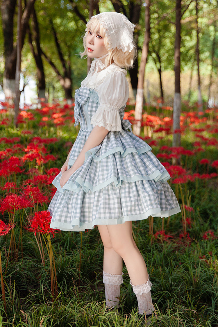 Blue [Cloth Cat] Triple-Layered Plaid Print Ruffle Bowknot Sweet Lolita Dress 2 Colors