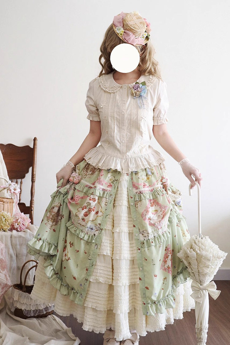 Jupe Lolita douce quotidienne à volants imprimée [Chat Rose Thé] verte 