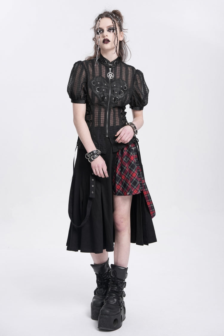 Black Stand Collar Short Puff Sleeves Sheer Mesh Women's Gothic Blouse