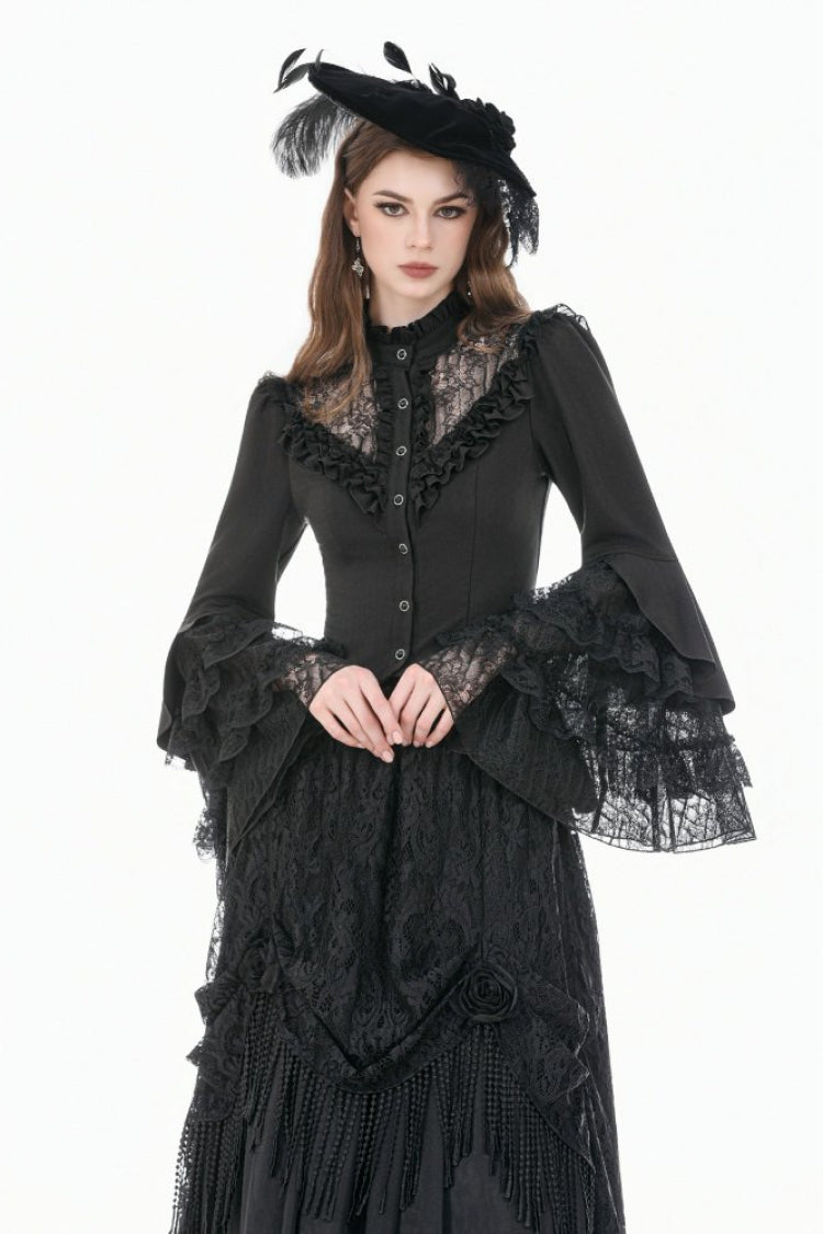 Viktorianische Gothic-Bluse für Damen mit schwarzem Stehkragen, langen Trompetenärmeln, mehrlagiger, gerüschter Spitze, Patchwork-Schnürung