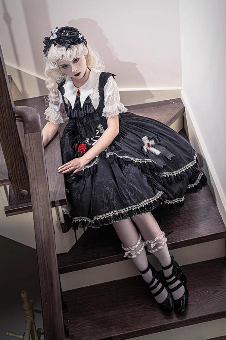 Black [Night Rose] Ruffle Bowknot Lace-Up Short Front and Long Back Gothic Gorgeous Lolita Jsk Dress