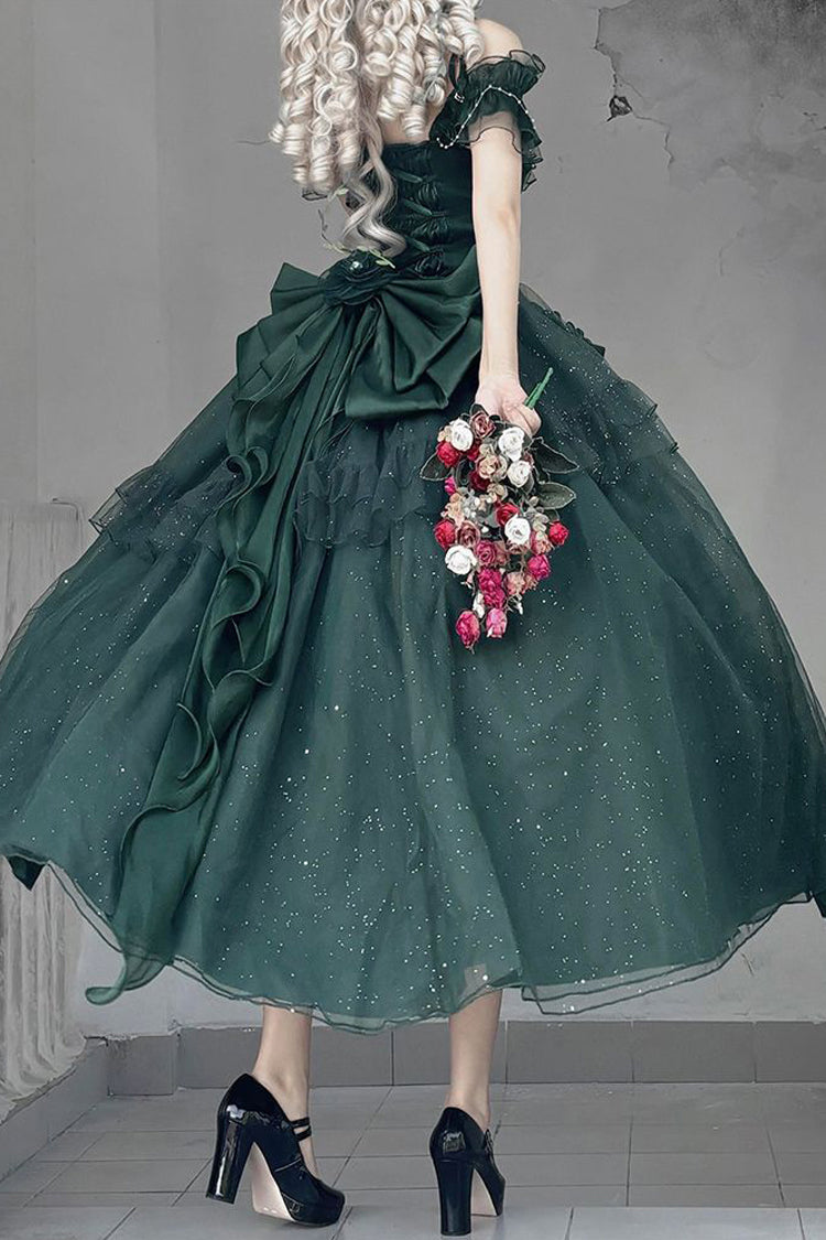Green [Bright Stars] Off Shoulder Ruffle Bowknot Asymmetric Sweet Elegant Princess Lolita Dress