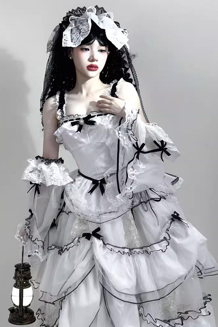 White [Cascade Poem] Sleeveless Multi-Layered Ruffle Hanayome Bowknot Lace Gothic Plus Size Gorgeous Lolita Jsk Long Dress