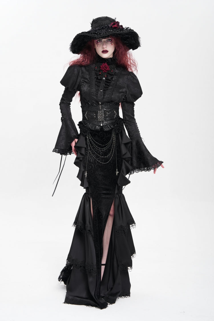 Black Floral Print Lace-Up Rose Chain Women's Gothic Fishtail Skirt