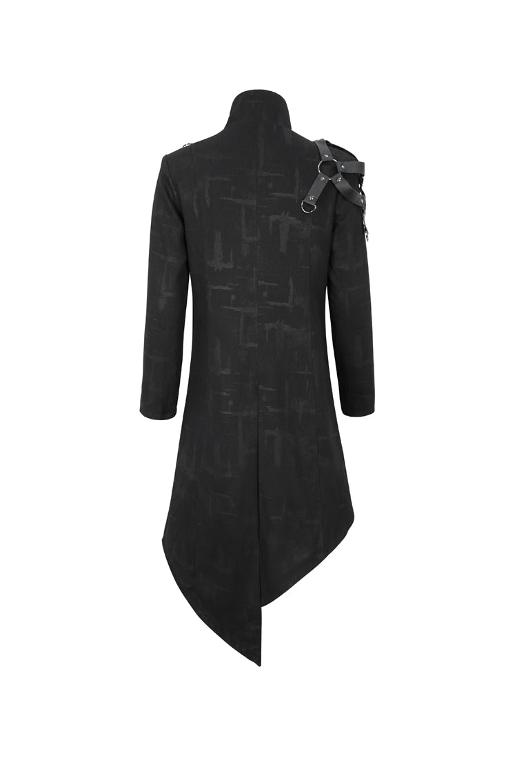 Black Stand Collar Asymmetric Hem Matching Shoulder Strap Long Men's Gothic Coat