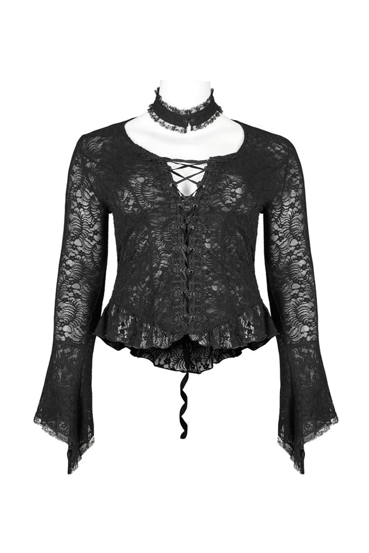 Black Elasticity Lace Fabric Sexy Perspective Embroidery Decoration Cross Rope Trumpet Sleeve Women's Plus Size Gothic T-Shirt
