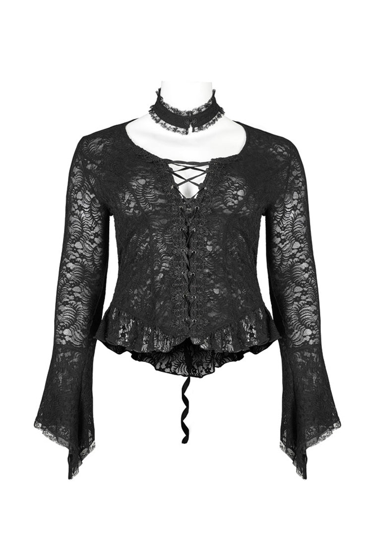 Schwarzer elastischer Spitzenstoff, sexy, perspektivische Stickerei-Dekoration, Kreuzseil, Trompetenärmel, Gothic-T-Shirt für Damen in Übergröße