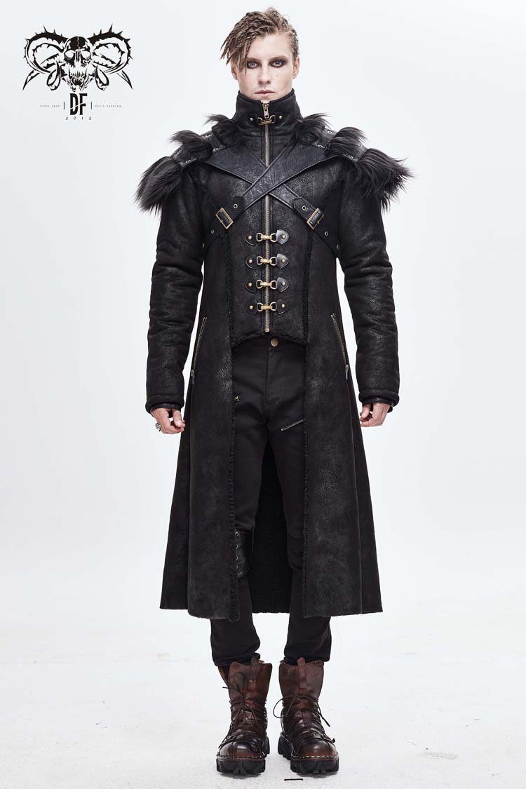 Black Stand Up Collar Shoulder Fur Cape Front Metal Hasp Chest Loops Long Fur Men's Punk Coat