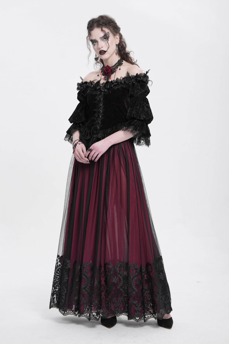 Red Off Shoulder Long Sleeves Ruffle Embroidery Lace-Up Women's Gothic Blouse