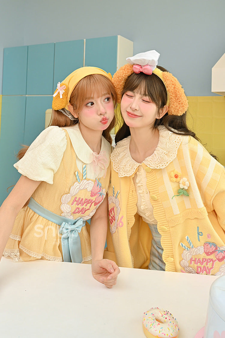 Yellow [Happy Day] Short Sleeves Triple-Layered Print Bowknot Lace Sweet Princess Lolita Dress