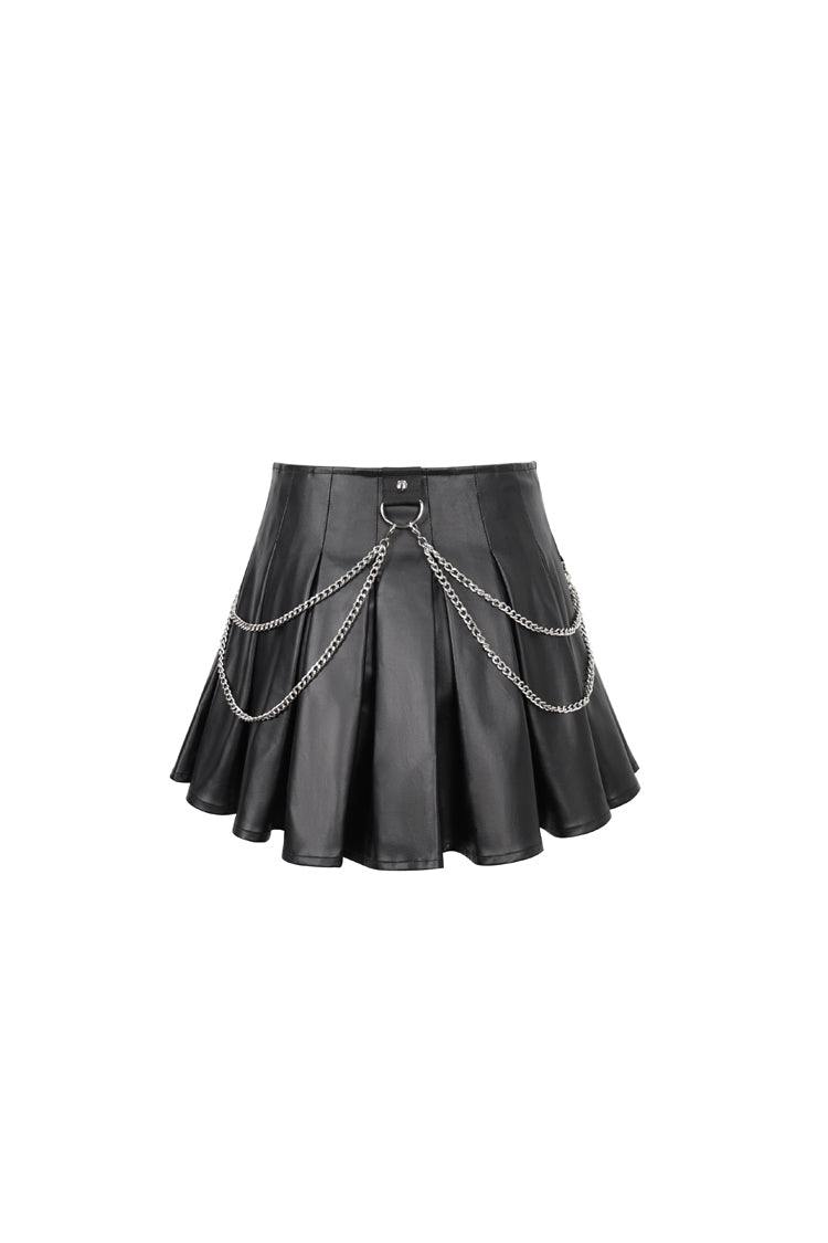 Black Faux Leather Web Eyelet Adjustable String Chain Pleated Women's Gothic Skirt